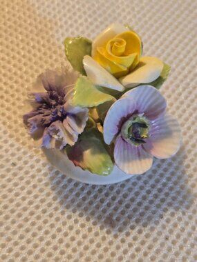 Coral Point miniature floral basket, in hues purple, pink, & yellow
